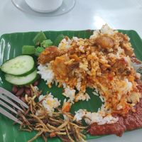 Nasi Lemak after I'd mixed it up at Blue Boy Vegetarian Food Centre in Kuala Lumpur