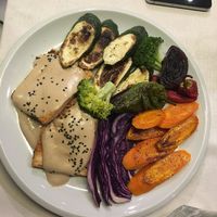 Tofu steak with grilled vegetables. The veggies and the sauce were very good, the tofu was normal. at Origen in San Pedro De Alcantara