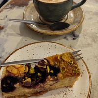 Marzipan cherry cake and oat cappuccino at Sala Cafe & Bar in Colchester