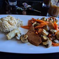 Mushroom seitan lunch special plus Thai iced coffee at Zhu's Vegan Kitchen in Arlington