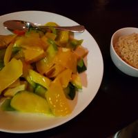 Soy protein and mango sauce at Zhu's Vegan Kitchen in Arlington