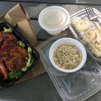 General Tso’s and vegetable tempura with Miso soup and rice at Zhu's Vegan Kitchen in Arlington