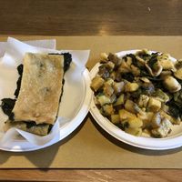 Spinach pizza, potato and ginger tofu, orecchiette  pasta at Radicetonda - Piazza Buozzi in Milan