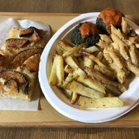 Pumpkin focaccia, rosemary potatoes, penne with carbonara, spinach muffins at Radicetonda - Piazza Buozzi in Milan