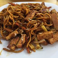 My giant portion of noodles with lots of vegetables and tofu at BS Street Food in Banska Stiavnica