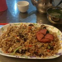 My plate of rice. Simple and good food (egg and fake meat) at Vegetarian 1000 in Phnom Penh