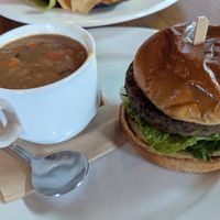 NO BULL VEGGIE BURGER-
Locally made mushroom & lentil veggie burger,
lettuce, tomato, and house pesto
Served on a vegan brioche bun. Also shown Vegan Chili Cup at Firefly in Charlottesville