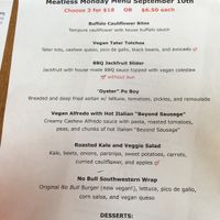 Sept 10, 2018 - Vegan Menu at Firefly in Charlottesville