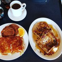 Vegan french toast with hashbrowns and vegan sausage at Hackberry's Bistro in La Crosse