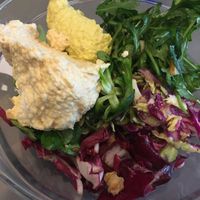 Selection of salads, hummus and tofu spread at 100% Bio in Rome