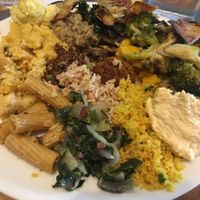 Main dish with some 20 different types of food from buffet at 100% Bio in Rome