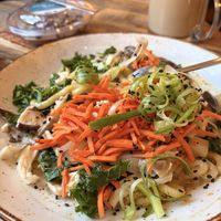 Fool II noodles, oat latte, avocado moussee  at Life Alive Organic Cafe in Lowell
