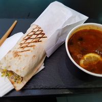 No-fish roll and "Solyanka" soup. at Green 13 - Besarabsky Market in Kyiv