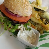 Beetroot burger, courgette fries, garlic aioli. Simple food done well. at Rootcandi in Brighton