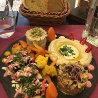 Mix vegan platter (babaganoush, humus, 2 types of falafel, aubergine caviar) at Aubergine in Bucharest