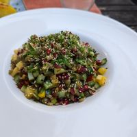 Lentil salad with mango and pomegranate at Aubergine in Bucharest