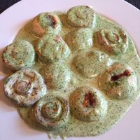 mushrooms with pesto cream sauce  at Aubergine in Bucharest