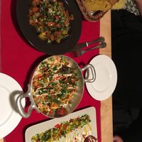 Mediterranean salad, vegan aubergine, three types falafel and bread at Aubergine in Bucharest