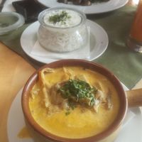 Delicious oyster mushrooms and rice at Aubergine in Bucharest