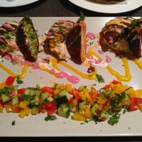 Three types of falafel witg humnus and salad at Aubergine in Bucharest