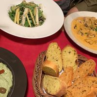 Hummus, bread, salad & mushrooms at Aubergine in Bucharest