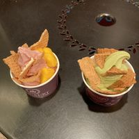 Matcha and strawberry in small cups  at Yoga-urt in Glendale