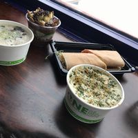 Broccoli Cheddar soup + Chickpea Miso soup + Coconut Wrap + dessert at Thrive in Boulder