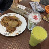 Banana bread, green smoothie and matcha strawberryy  at Wellnessland Vegetarian Cafe in Cebu