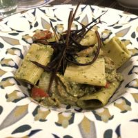 Paccheri con pesto di Basilico e melanzane fritte  at Ma va' in Rome