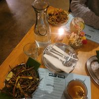 Fried okra, ginger beer with Indian spices, sweet potato chaat, and masala cider at Chai Pani in Decatur