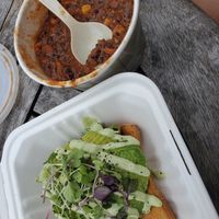 The green godess toast with lentil soup . Sooooo yummy together at The Green Cat in Virginia Beach