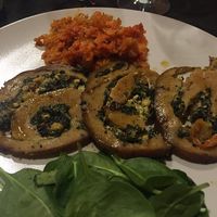 St Valentine's menu, second  course: rollè di seitan con patate arrosto, qui con verza stufata (seitan roll with roasted potatoes, here with stewed Savoy cabbage) at Lizard in Rome