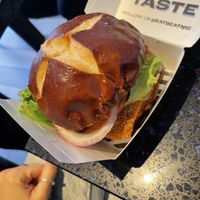 Crispy tempeh chicken with pretzel bun at Beatnic - Bleecker St in New York City