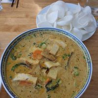 Vegan laksa and vegan 'prawn' crackers at Mai Kitchen in Ferryden Park