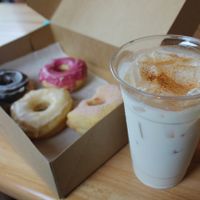 vegan yeast doughnuts and a vegan chai at Vortex Doughnuts in Asheville