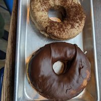 Vegan espresso cake and vegan yeasted chocolate glazed at Vortex Doughnuts in Asheville