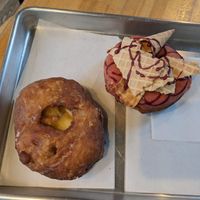 Apple fritter & waffle cone strawberry and blueberry at Vortex Doughnuts in Asheville
