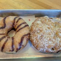 Peanut butter & chocolate, and apple fritter (both vegan) at Vortex Doughnuts in Asheville