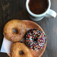 Espresso, Peach Crumble, and Chocolate Sprinkles Doughnuts  at Vortex Doughnuts in Asheville