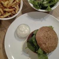 Vegan burger with avocado, french fries and salad at Beet in Luxembourg City