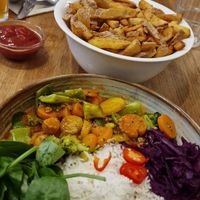 Peanut veg curry, fries, soup at Beet in Luxembourg City
