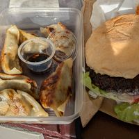 Dumplings and Cheeseburger at Loving Hut Caravan in Nelson