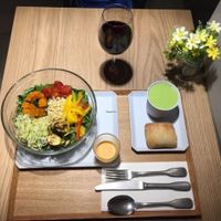 Salade Citron, organic red wine from Languedoc, green pea soymilk potage  at CITRON in Tokyo