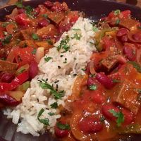 Seitan chili with basmati rice  at Karuzo in Sarajevo
