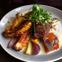 Vegan steak met juicy corn ribs. at Eetcafe Spinoza in Leeuwarden