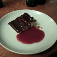 Hazelnut cake with berry coulis. #Veganuary at MKZ in Amsterdam