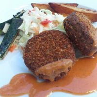 faux crab cakes at eLOVate Vegan Kitchen in Santa Monica