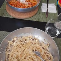 Spaghettone Carbonara and Spaghettone Novapizza at NovaPizza Vegan Kitchen in Edinburgh
