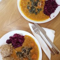 Delicious food. Lentil dahl with spelt at Nasa Carovna in Trnava