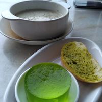 Mushroom Soup, Bread and Jelly, for the Fish & Chips Set Meal at $8.8+  at Nature Vegetarian Delights 大自然素食 - Upper Serangoon in Northeast Singapore